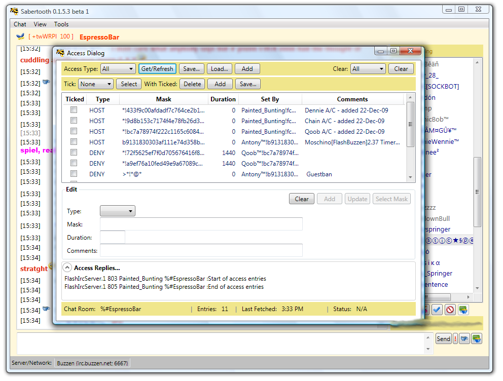 Sabertooth DTC: channel access dialog.